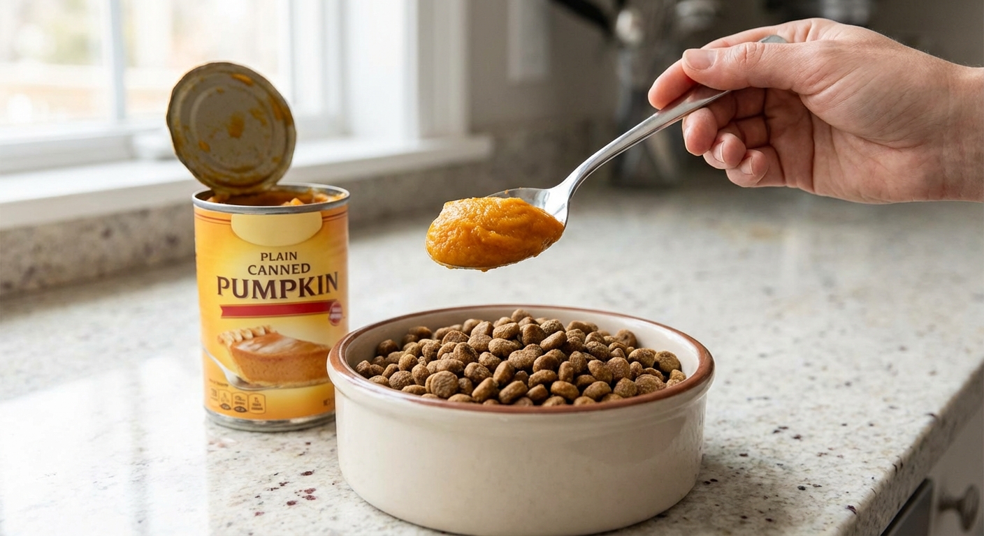 A spoonful of plain canned pumpkin held over a dog food bowl on a countertop
