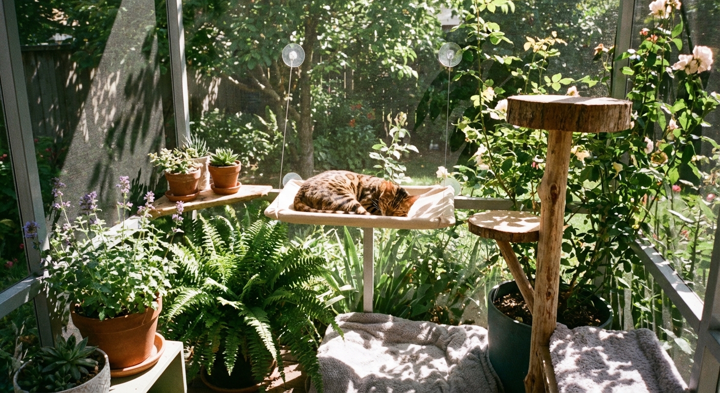 A spotted cat relaxing inside a screened catio with sunlight and potted plants