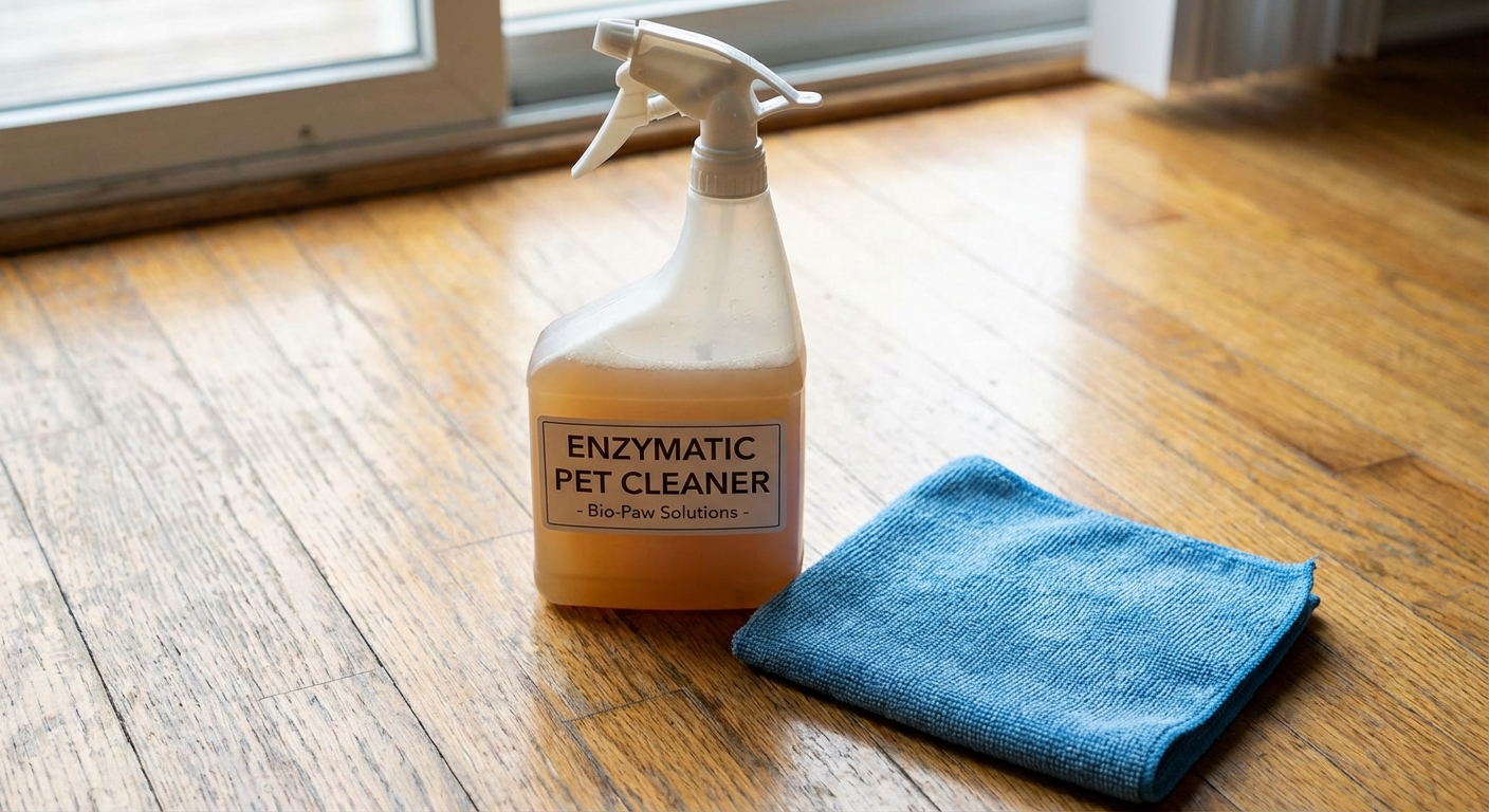 A spray bottle labeled as an enzymatic pet cleaner next to a clean microfiber cloth on a hardwood floor