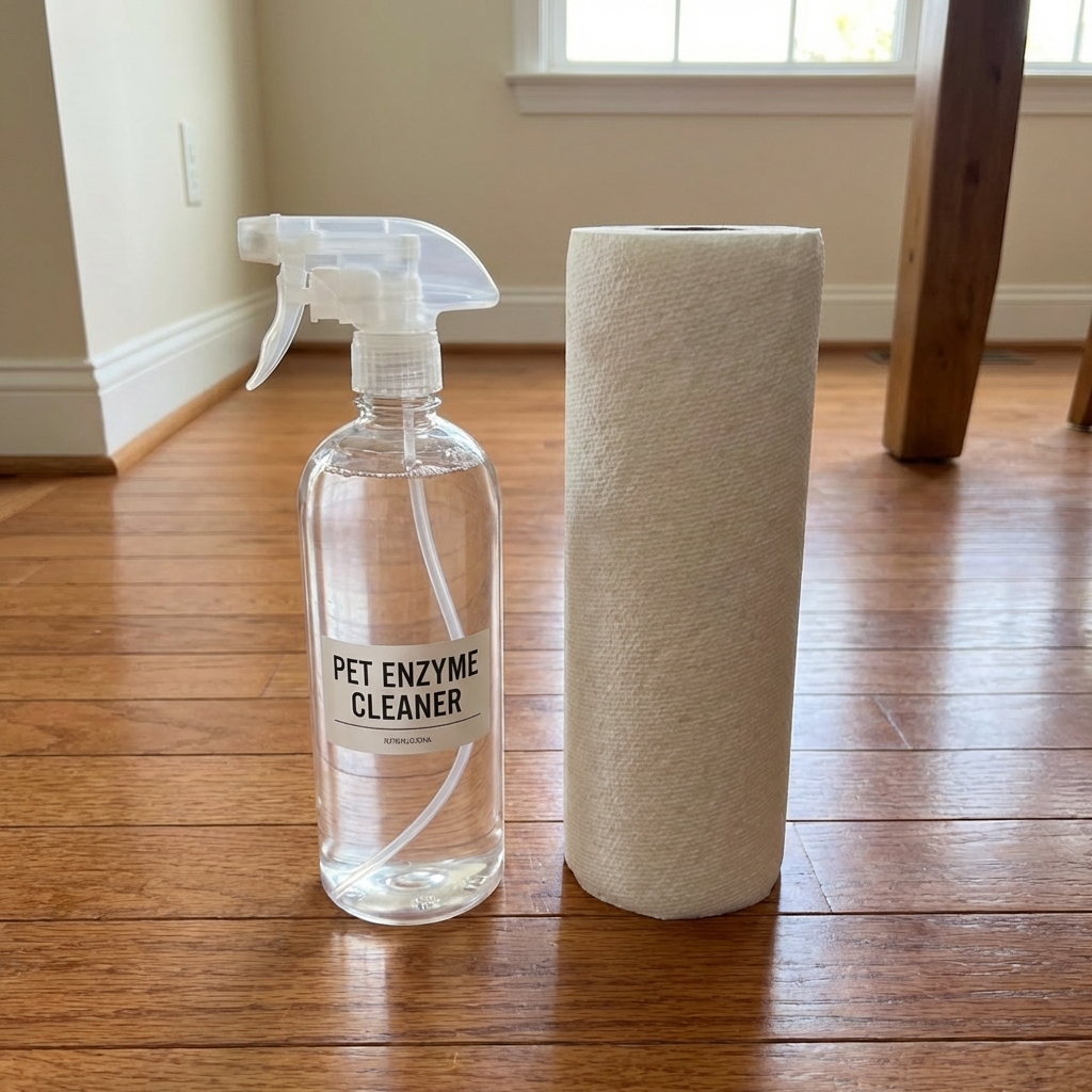 A spray bottle of pet enzyme cleaner next to a paper towel roll on a hardwood floor