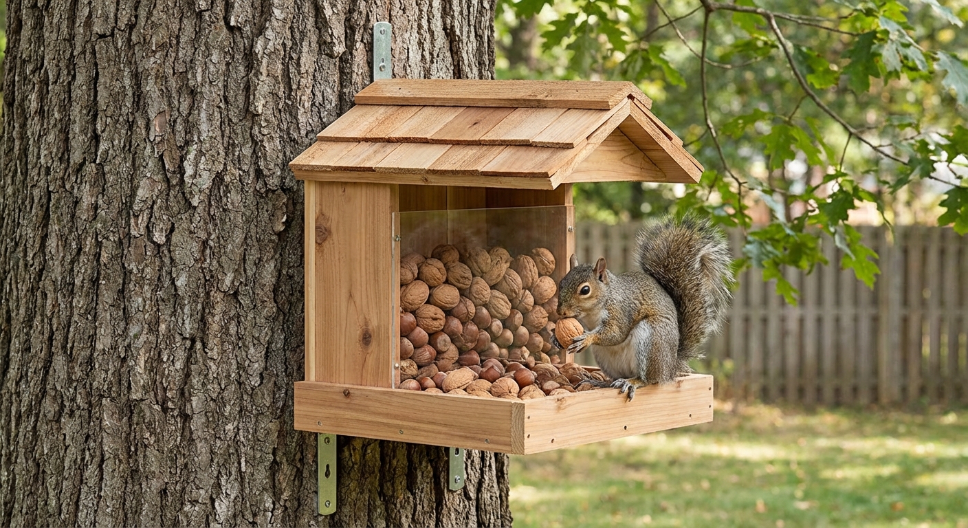 A squirrel feeder attached to a tree with walnuts and hazelnuts inside