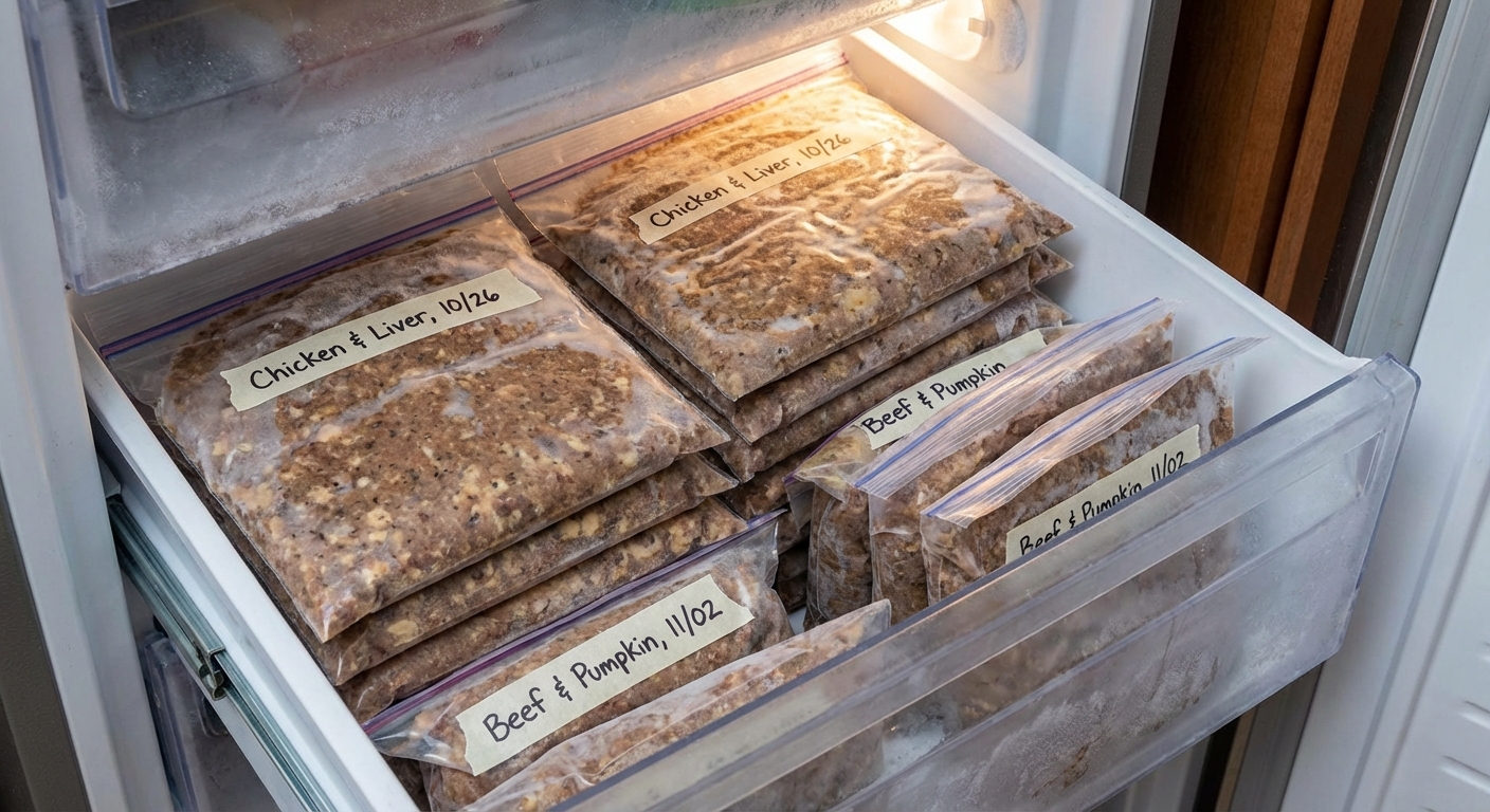 A stack of labeled freezer bags filled with flattened portions of homemade cat food in a freezer drawer