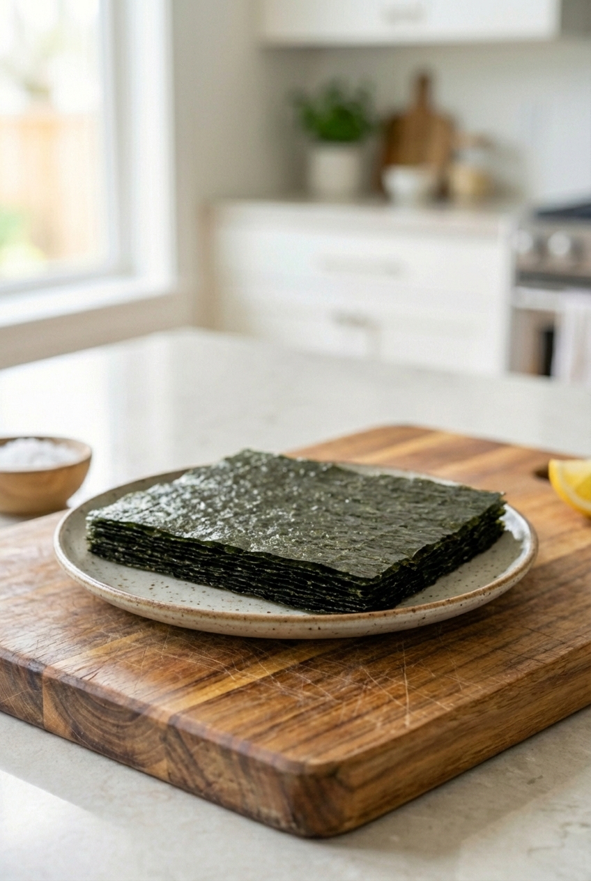 A stack of plain nori seaweed sheets on a plate