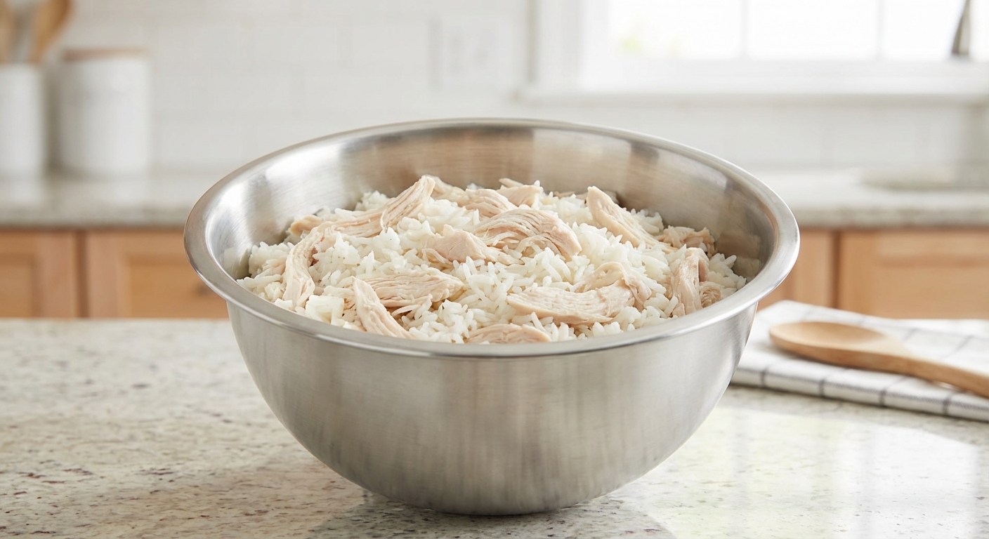 A stainless steel bowl containing plain boiled chicken and white rice on a kitchen counter