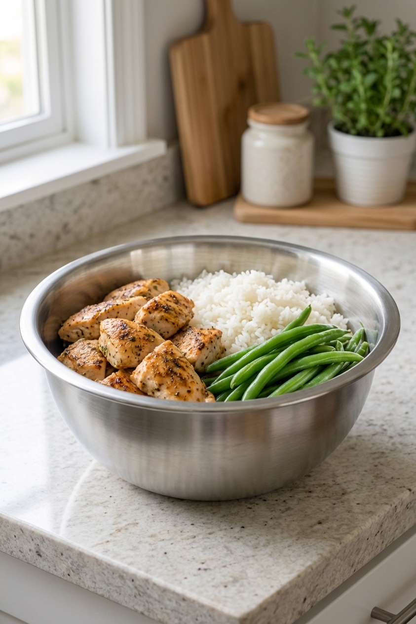 A stainless steel bowl filled with cooked chicken, rice, and steamed green beans on a kitchen counter