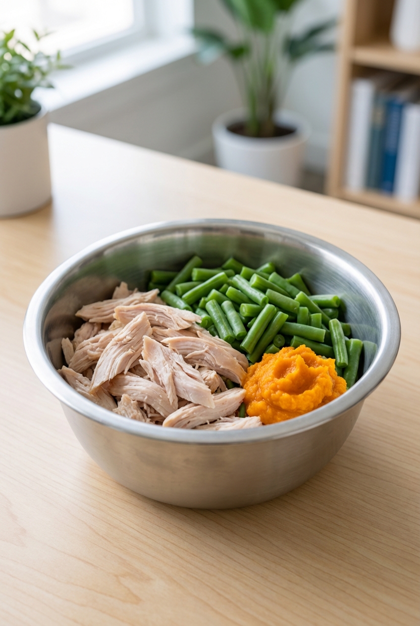 A stainless steel bowl filled with cooked turkey, chopped steamed green beans, and a small scoop of pumpkin puree