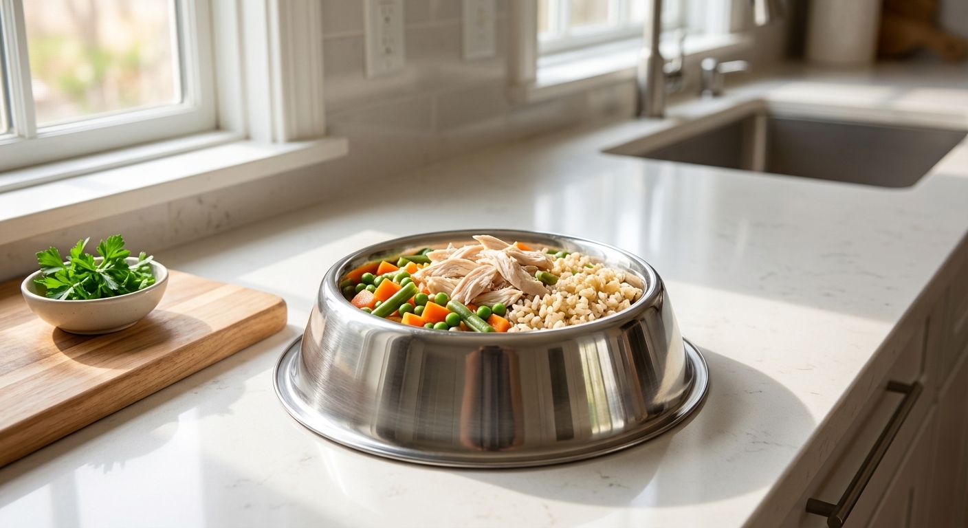 A stainless steel bowl filled with freshly cooked homemade dog food including shredded chicken, rice, and mixed vegetables on a clean kitchen counter, natural window light, photorealistic