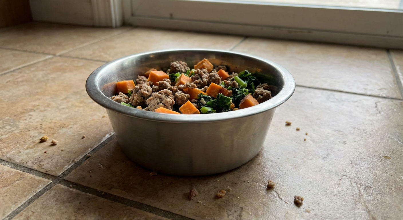 A stainless steel bowl filled with homemade dog food including cooked ground turkey, diced cooked sweet potato, and chopped steamed green vegetables on a kitchen floor, photorealistic
