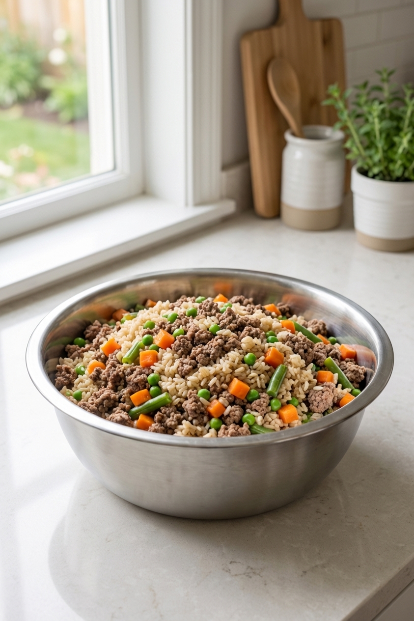 A stainless steel bowl of homemade dog food made with cooked ground beef, brown rice, and mixed vegetables on a kitchen counter, natural window light, photorealistic