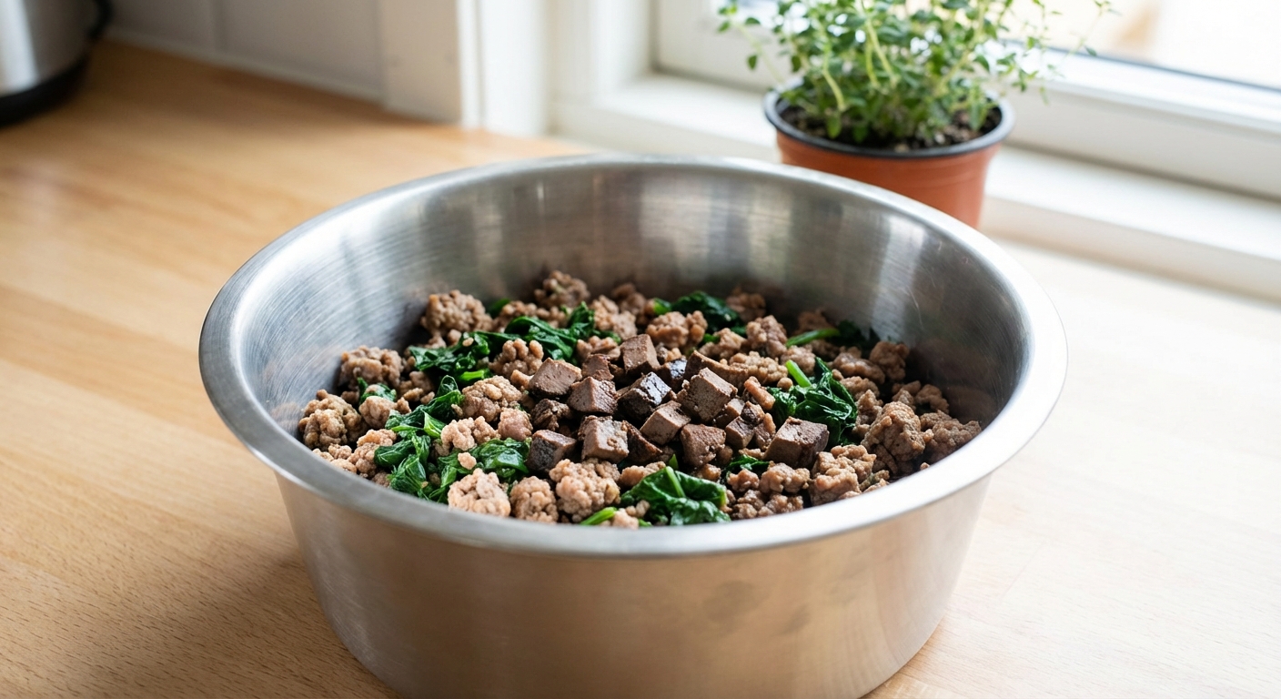 A stainless steel bowl of homemade dog food with cooked ground turkey, chopped spinach, and a small portion of diced cooked liver mixed in