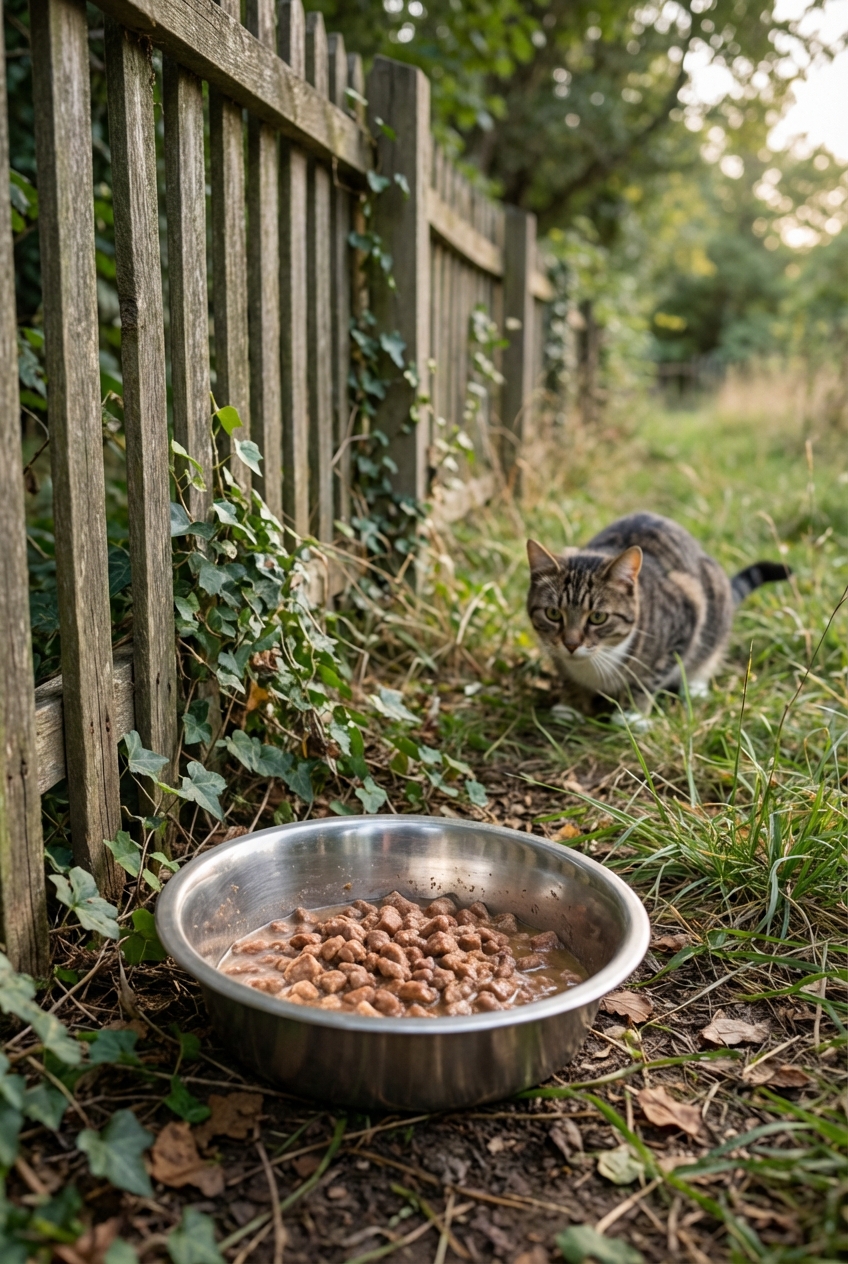A stainless steel bowl of wet cat food placed near a quiet fence line with a cat watching from a distance