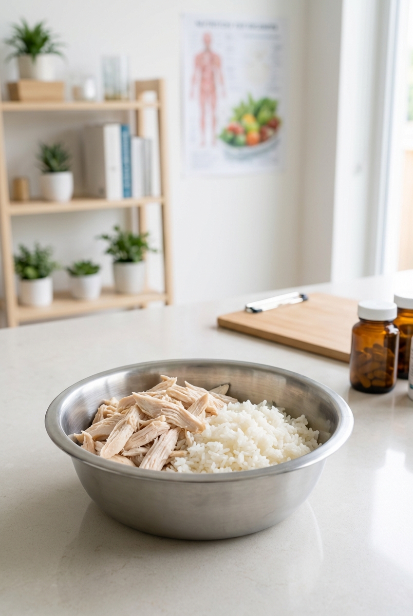A stainless steel bowl with boiled chicken and white rice on a kitchen counter