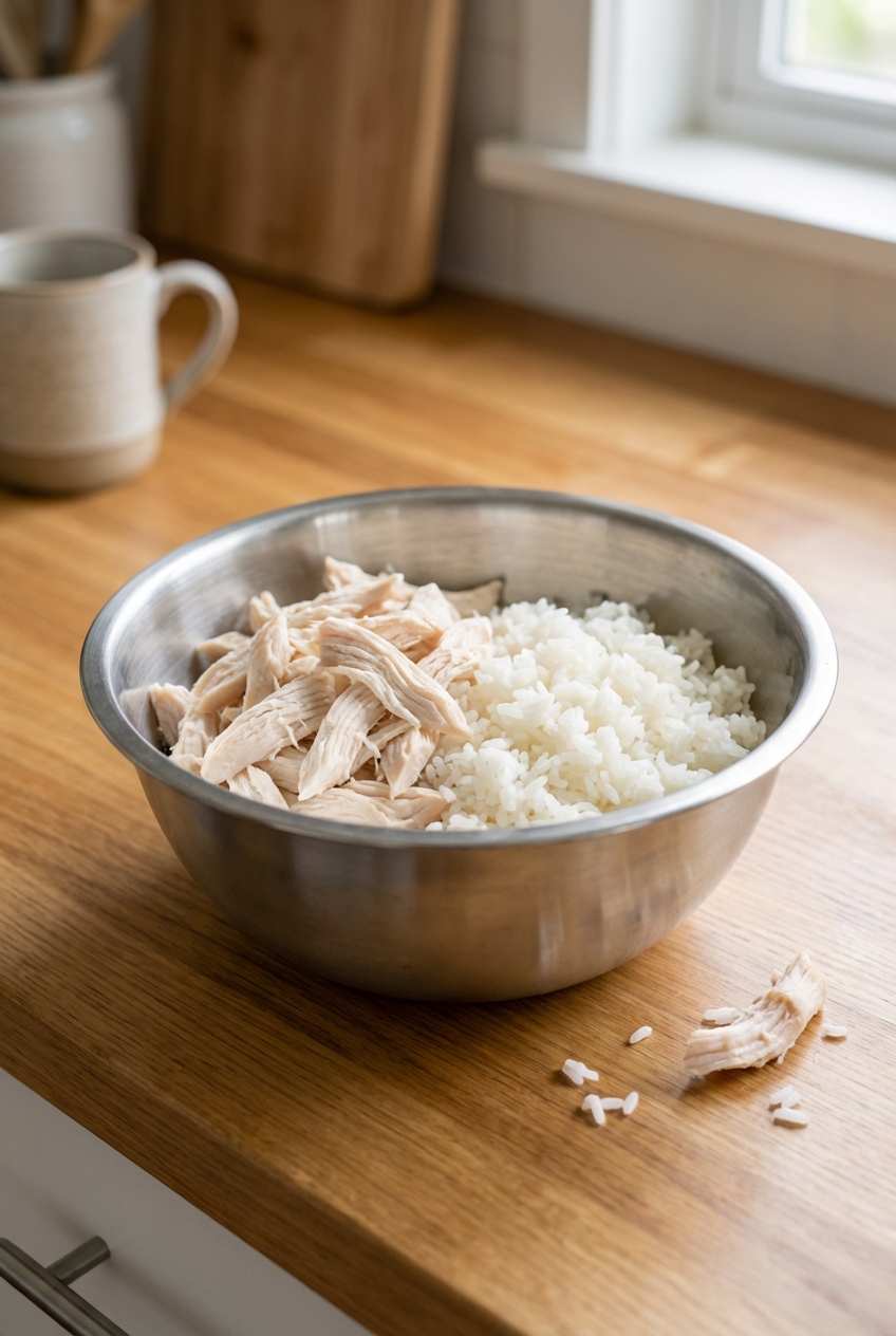 A stainless steel bowl with plain shredded chicken and white rice on a kitchen counter