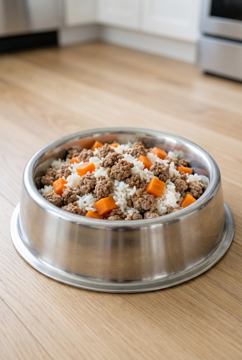 A stainless steel dog bowl filled with a chicken-free homemade meal made of cooked ground turkey, rice, and steamed carrots