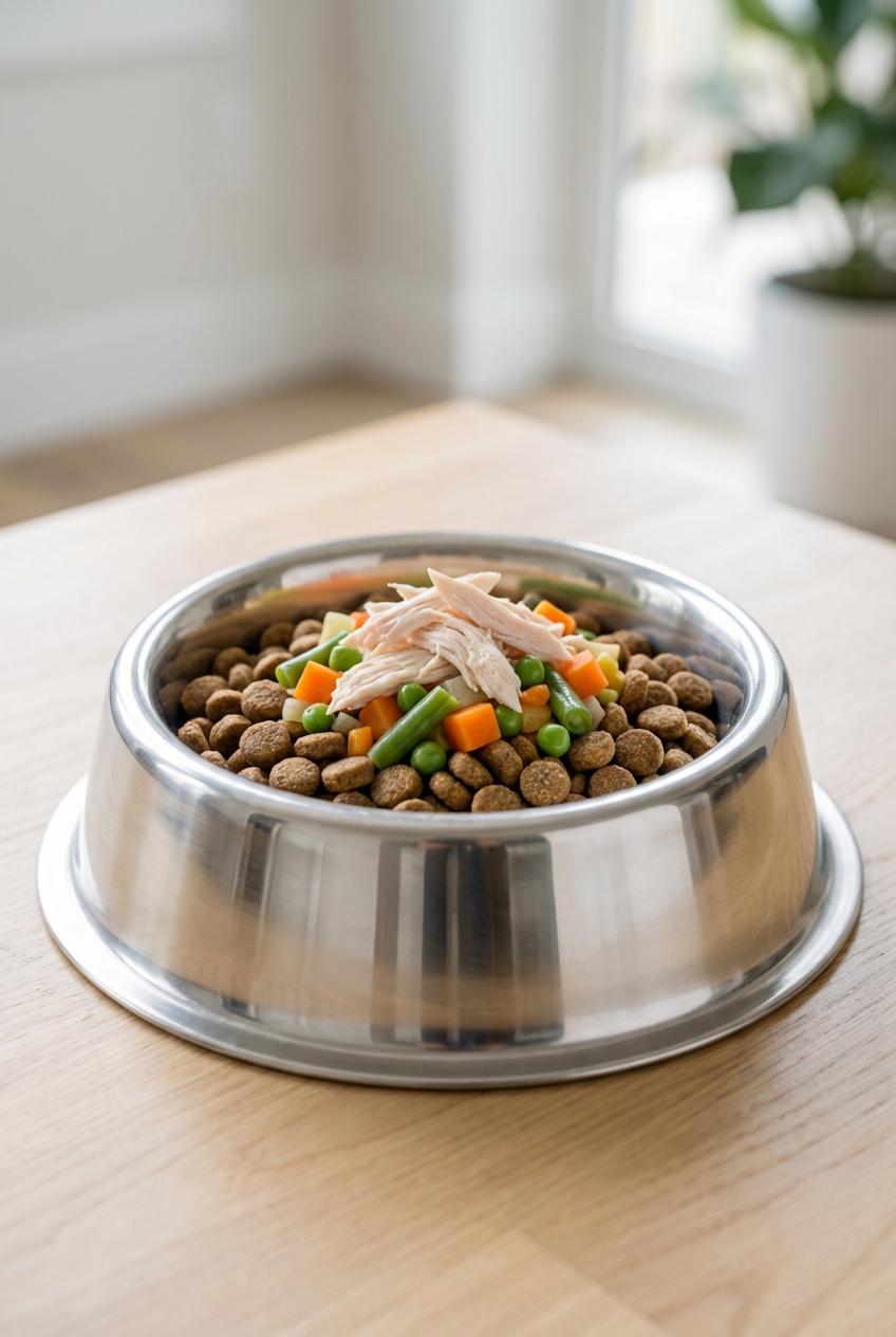 A stainless-steel dog bowl filled with a measured portion of kibble topped with a small amount of cooked chicken and steamed vegetables