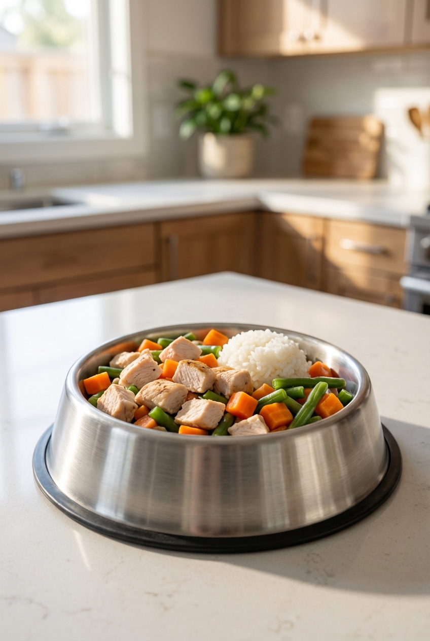 A stainless steel dog bowl filled with cooked chicken, diced carrots, green beans, and a small scoop of rice on a kitchen counter