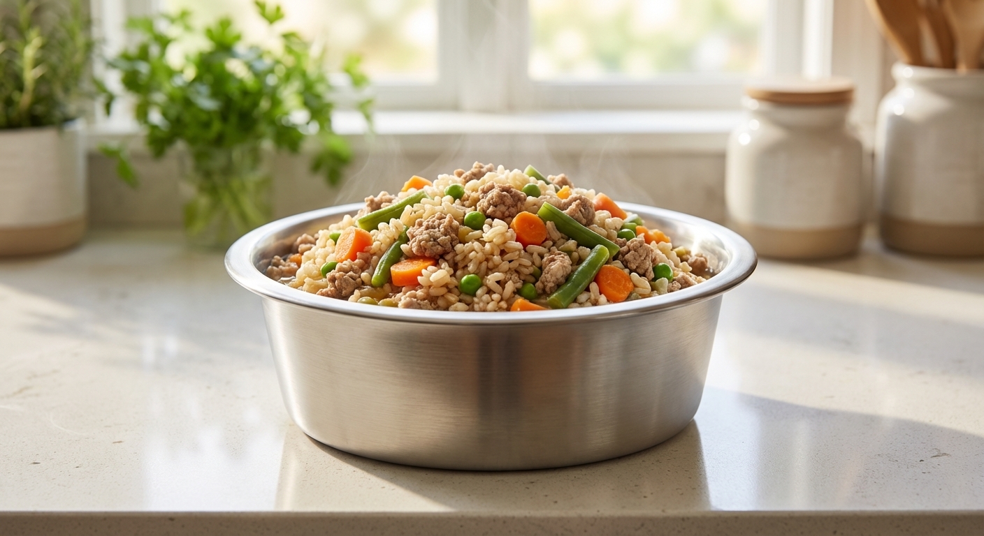 A stainless steel dog bowl filled with cooked ground turkey, brown rice, and steamed vegetables on a bright kitchen counter, photorealistic food photography