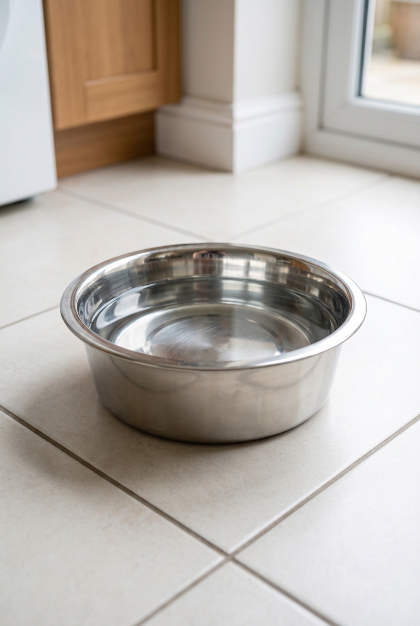 A stainless steel dog bowl filled with fresh water on a clean kitchen floor