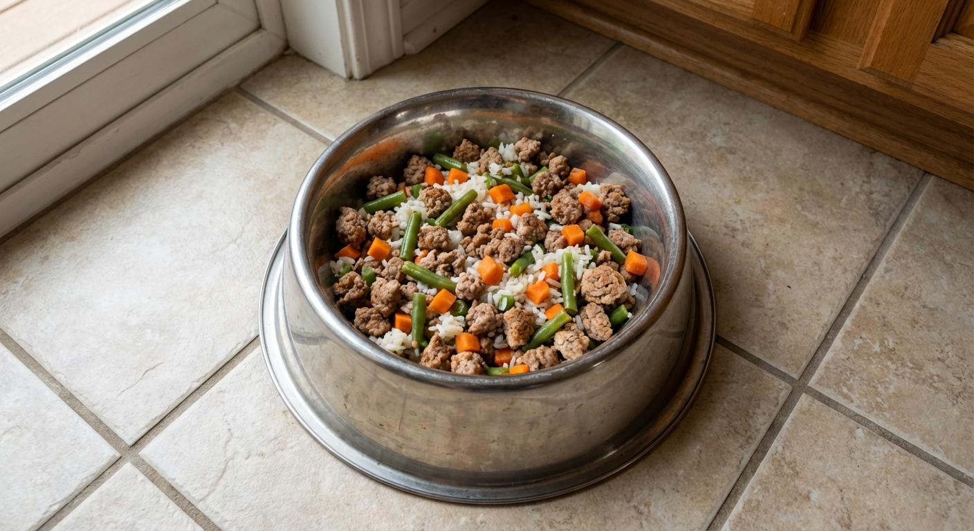 A stainless steel dog bowl filled with homemade dog food including cooked ground turkey, chopped carrots, green beans, and rice on a kitchen floor, photorealistic