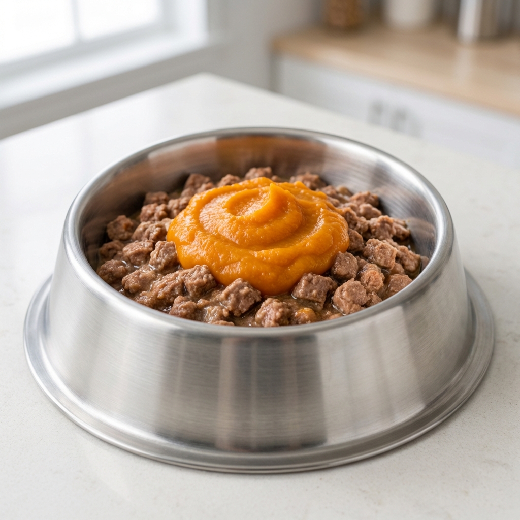 A stainless steel dog bowl filled with moist dog food topped with a spoonful of plain canned pumpkin