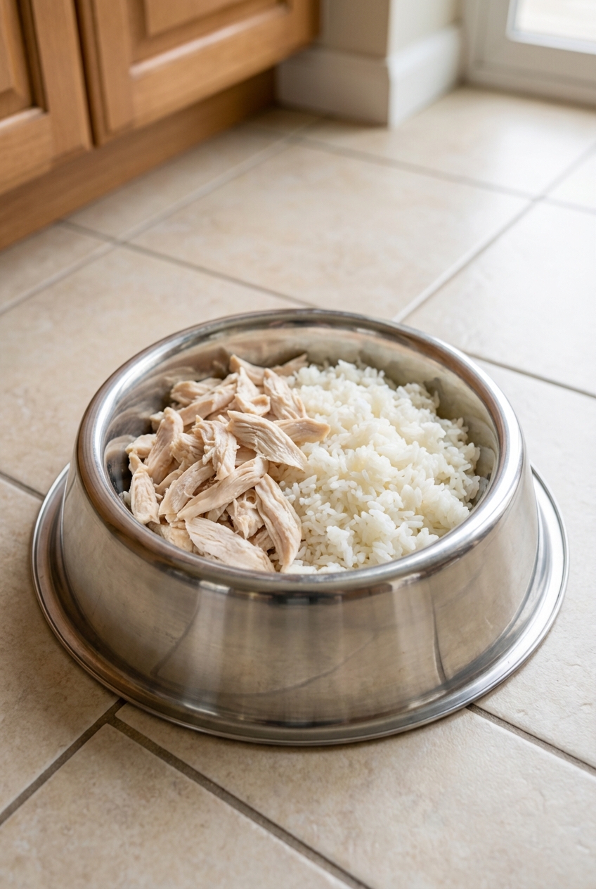 A stainless steel dog bowl filled with plain boiled chicken and white rice on a kitchen floor
