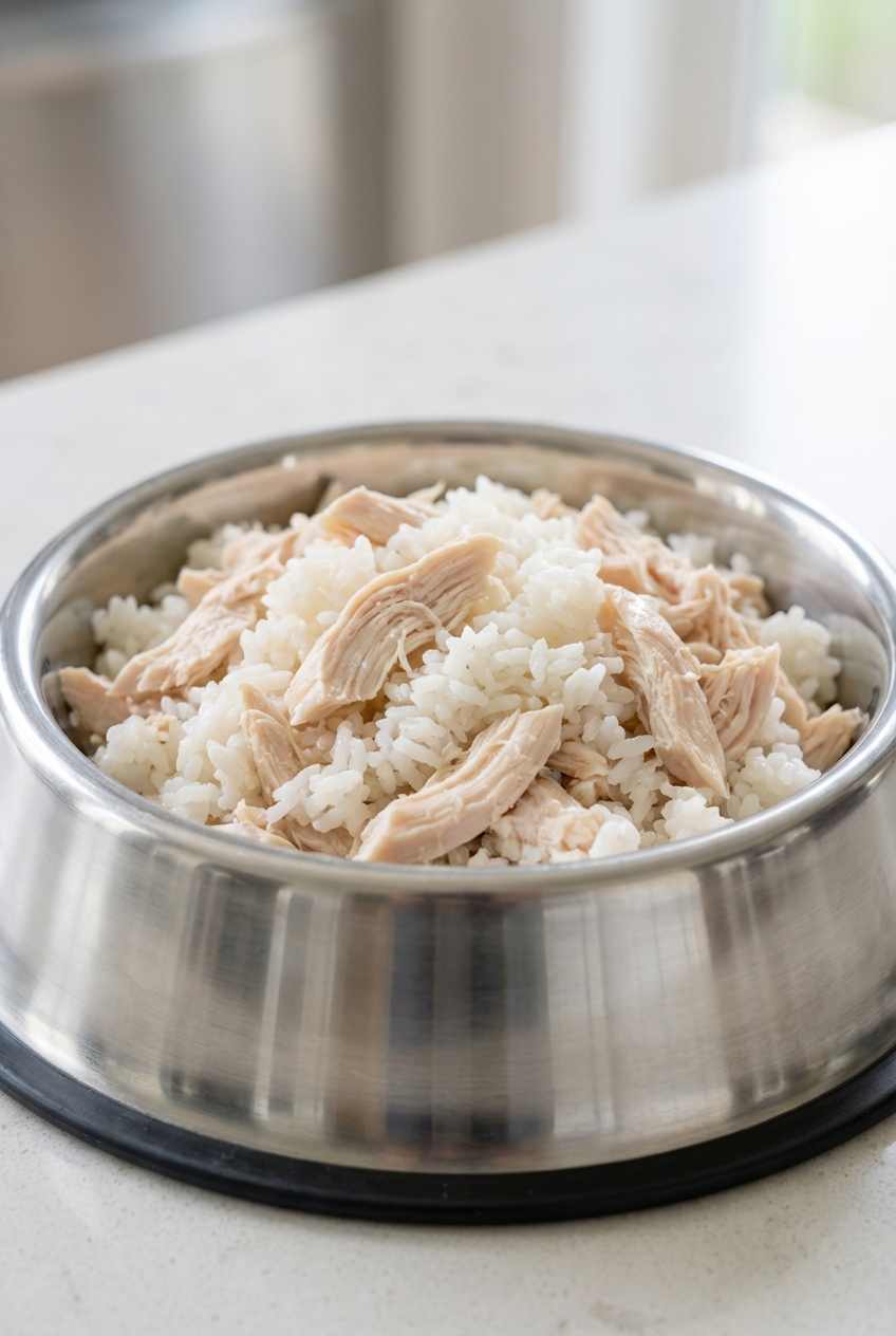 A stainless steel dog bowl filled with plain boiled chicken and white rice