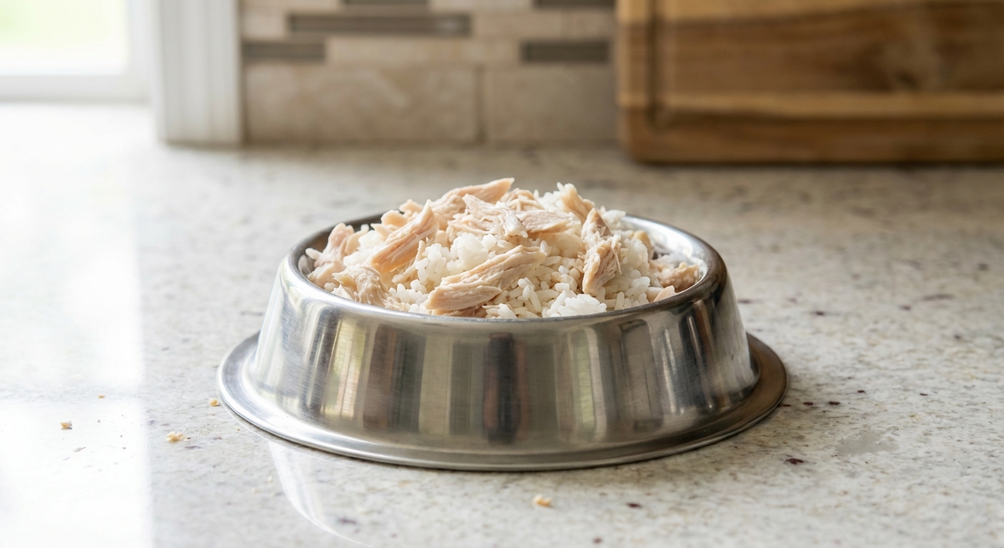 A stainless steel dog bowl filled with plain boiled chicken and white rice on a clean kitchen counter