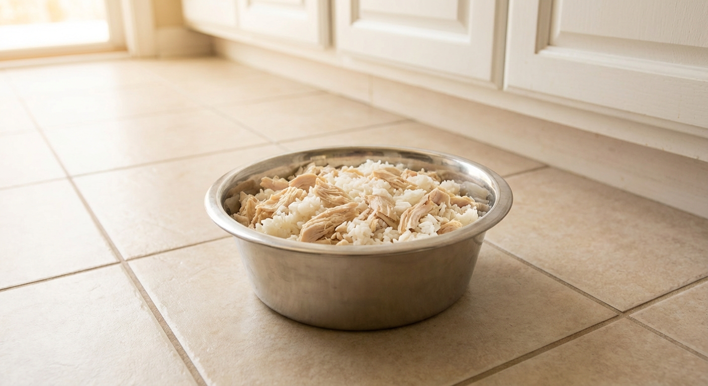 A stainless steel dog bowl filled with plain cooked chicken and white rice on a kitchen floor