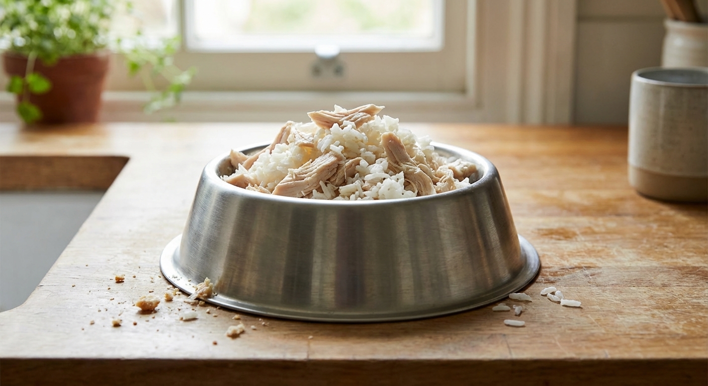 A stainless steel dog bowl on a kitchen counter filled with plain boiled chicken pieces and white rice, natural window light, realistic home photo