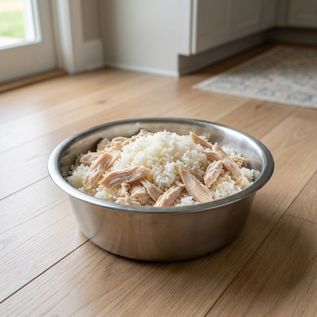 A stainless steel dog bowl on a kitchen floor with plain cooked white rice and shredded chicken
