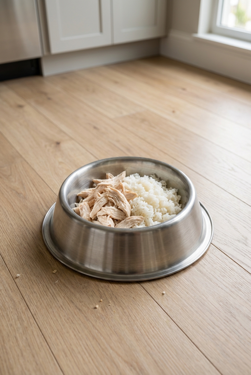 A stainless steel dog bowl with a small portion of plain cooked chicken and white rice on a kitchen floor