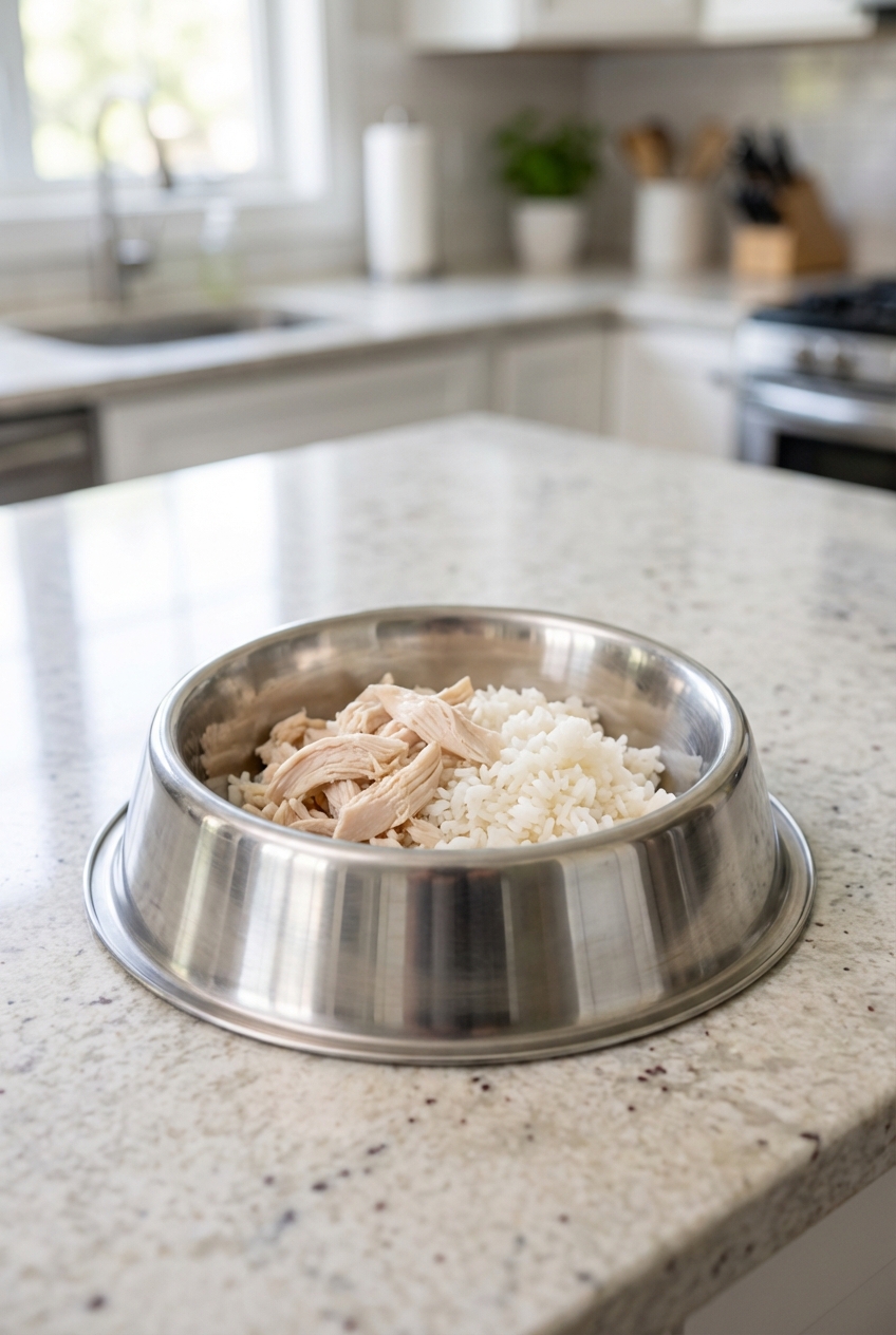A stainless steel dog bowl with a small portion of plain boiled chicken and white rice on a clean kitchen counter