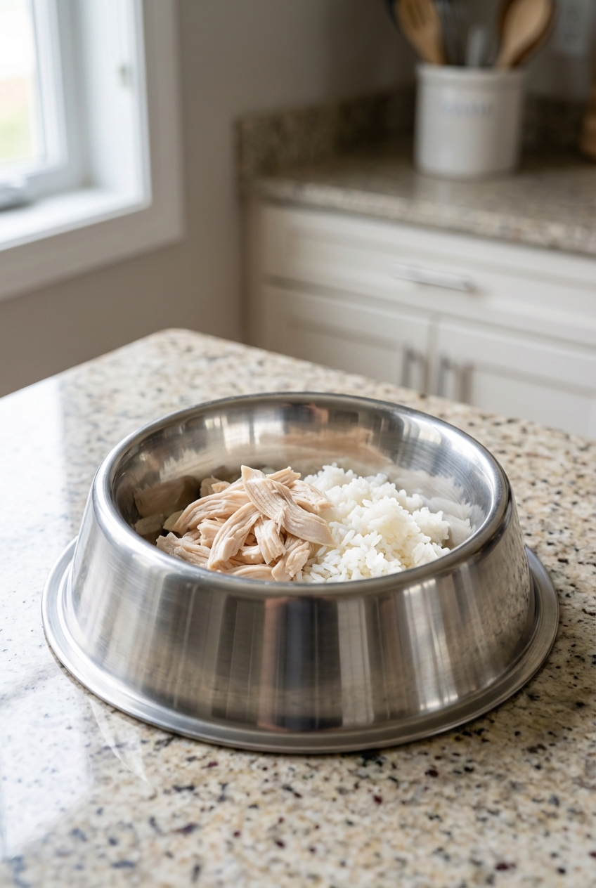 A stainless steel dog bowl with a small portion of plain cooked chicken and white rice on a kitchen counter