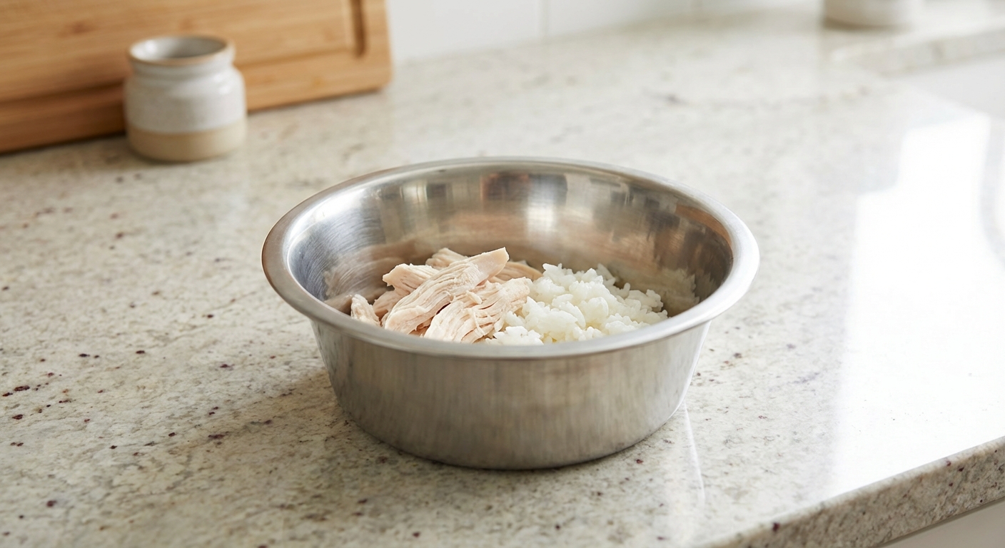 A stainless steel dog bowl with a small portion of plain boiled chicken and white rice on a countertop