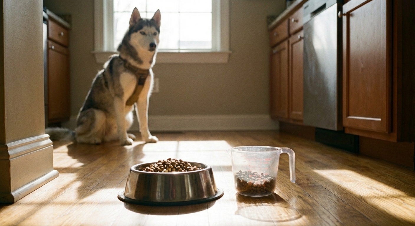 A stainless steel dog bowl with kibble next to a measuring cup on a kitchen floor