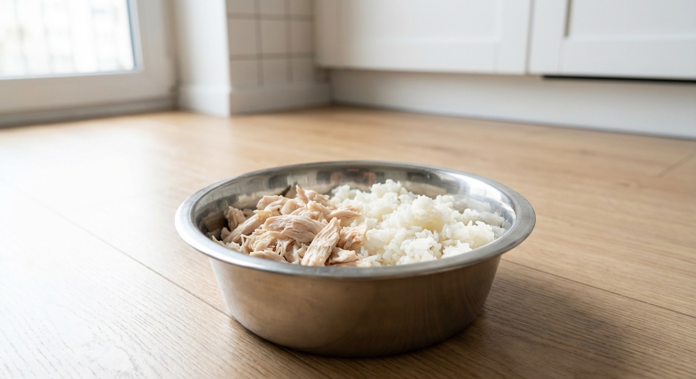 A stainless steel dog bowl with plain boiled chicken and white rice on a clean kitchen floor