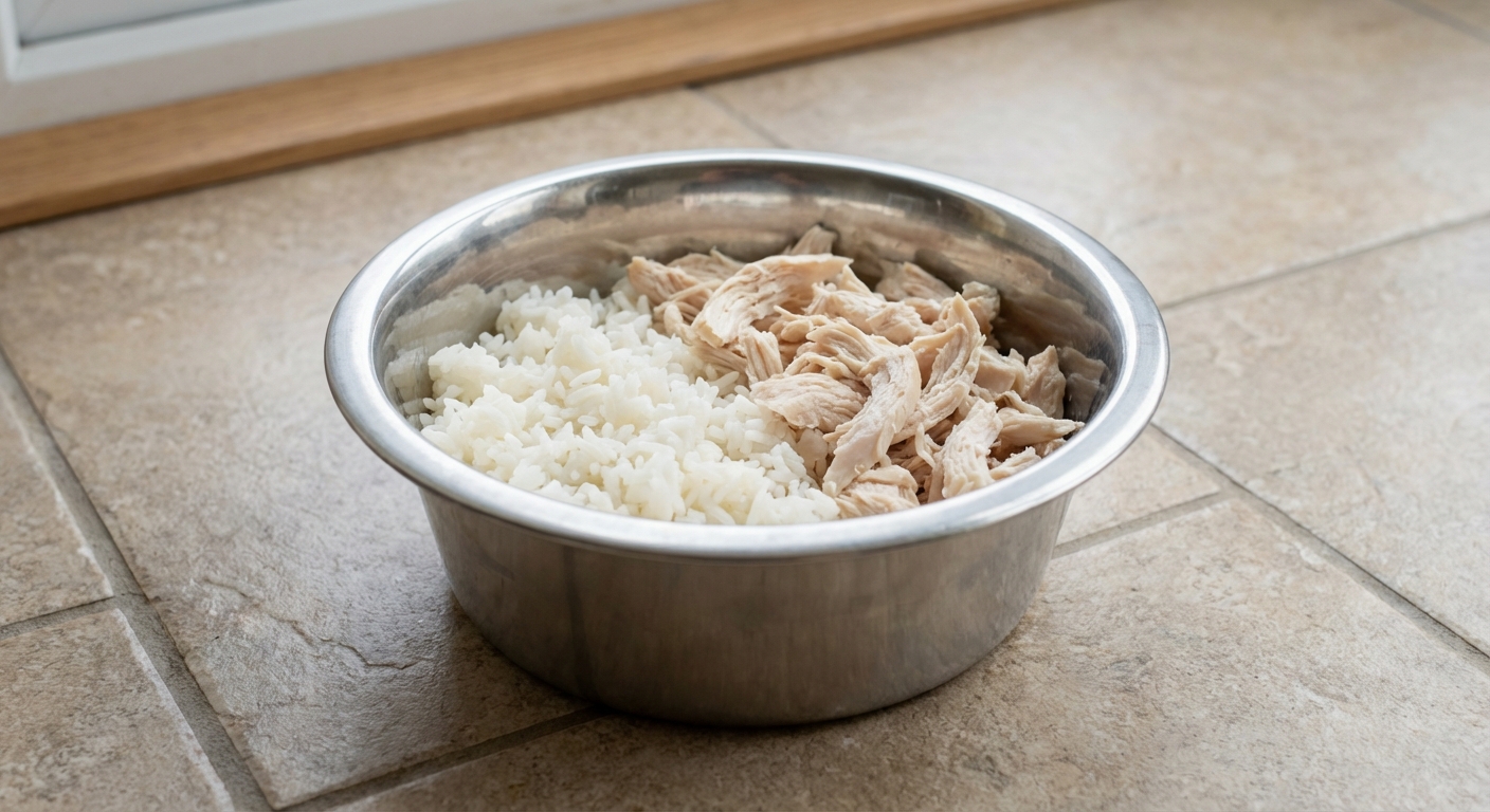 A stainless steel dog bowl with plain cooked white rice and shredded boiled chicken on a kitchen floor