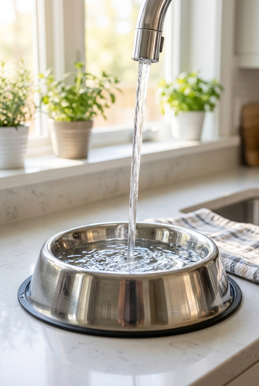 A stainless steel dog water bowl being filled with fresh water in a bright kitchen