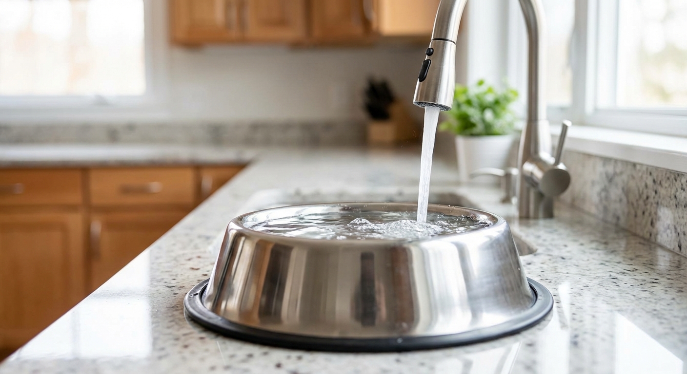 A stainless steel dog water bowl being refilled with fresh water in a clean kitchen