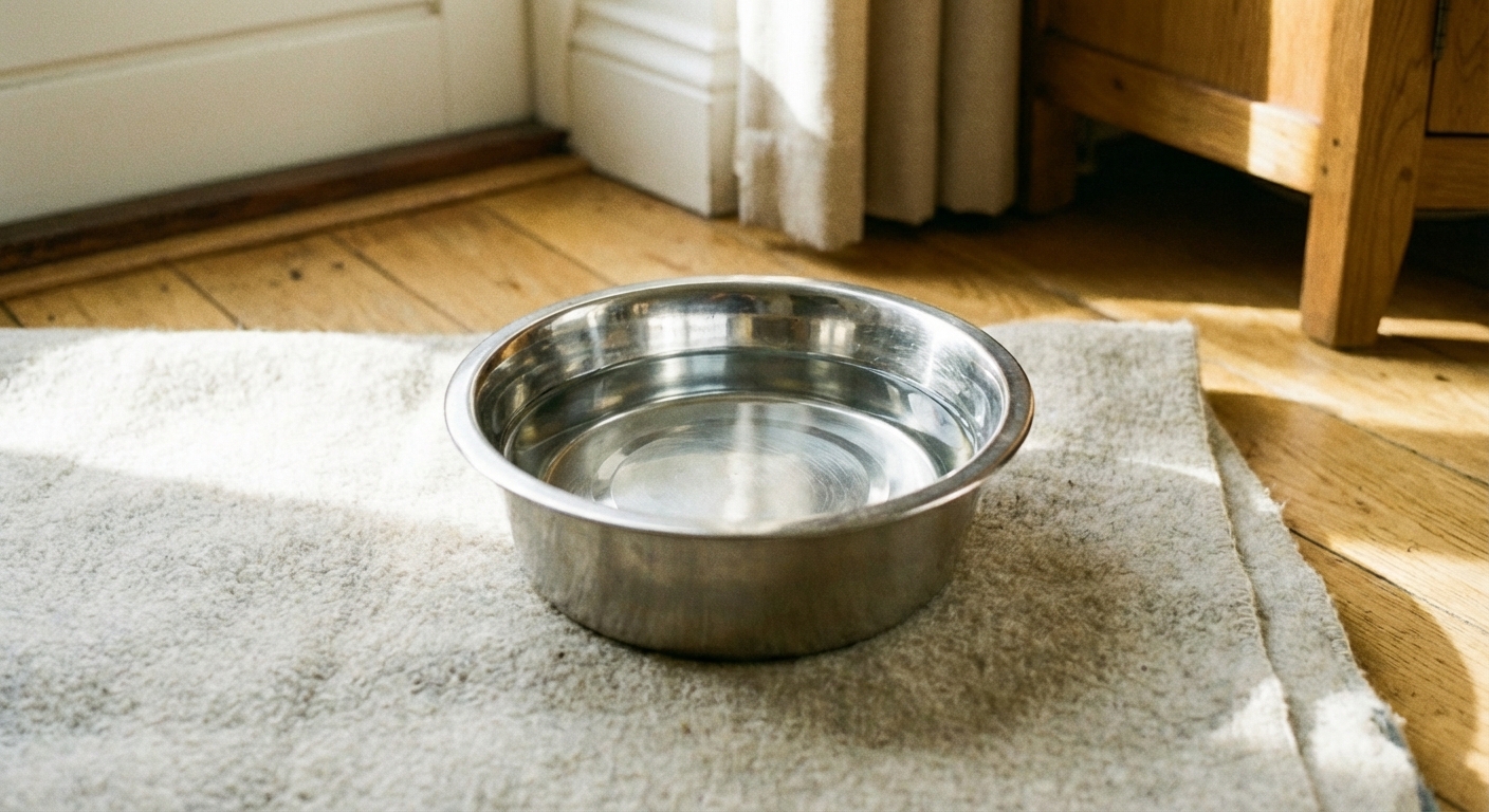A stainless steel dog water bowl filled with clean water on a kitchen floor