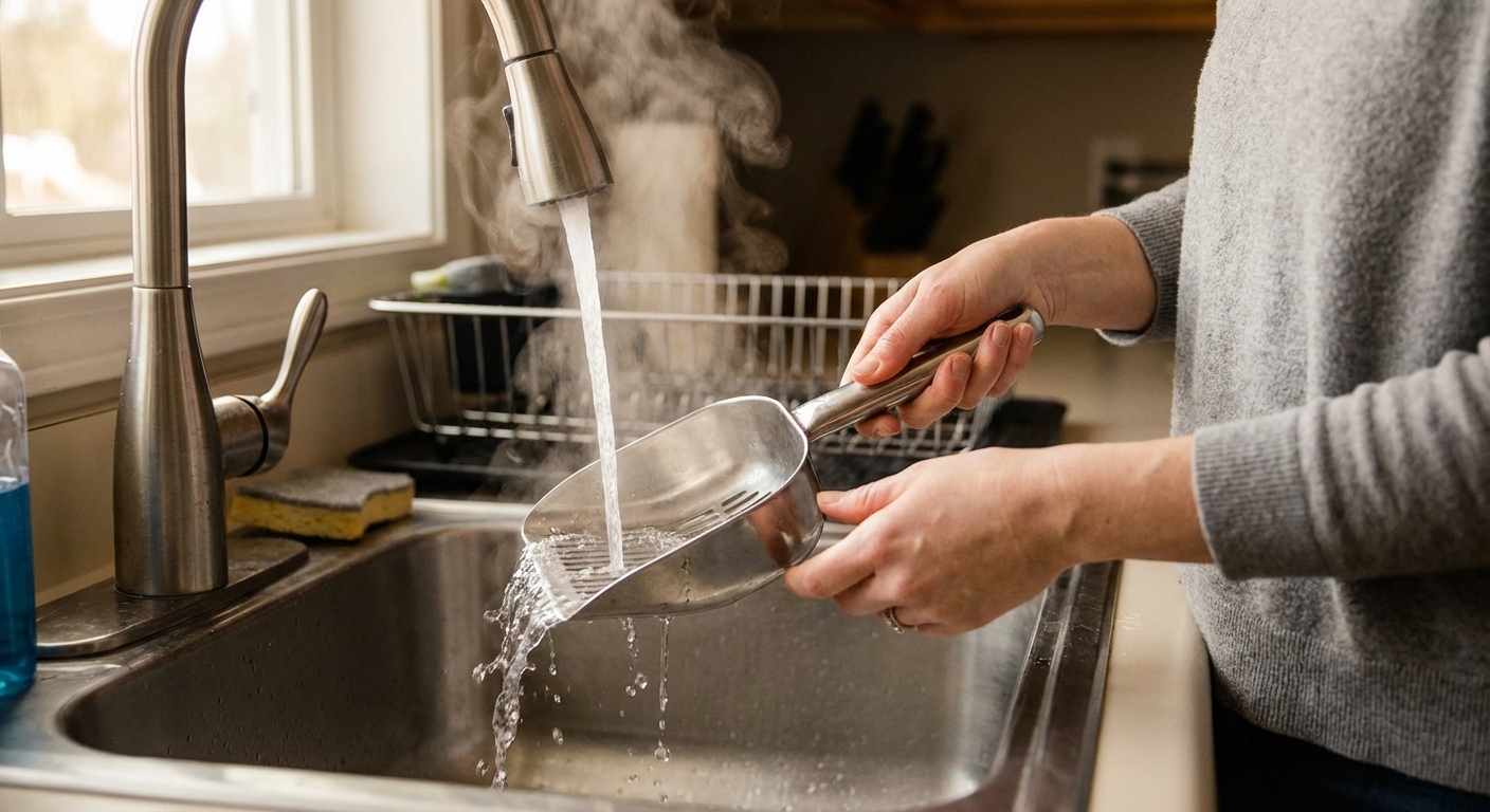 A stainless steel litter scoop being rinsed under hot running water in a kitchen sink, realistic close-up photography