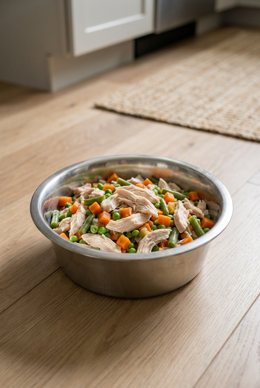 A stainless steel pet bowl with cooked chicken and vegetables on a kitchen floor
