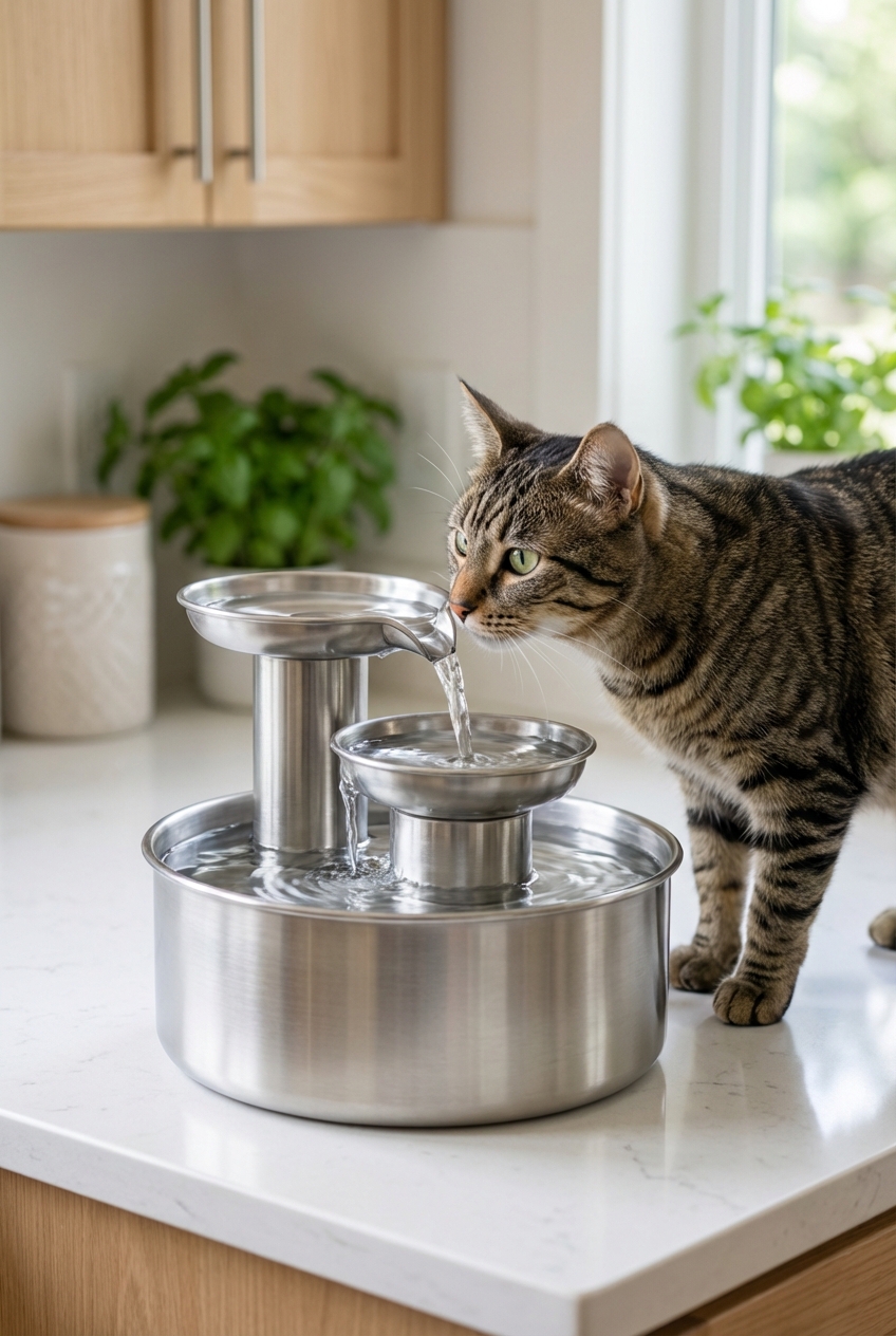 A stainless-steel pet water fountain on a countertop with a cat sniffing it