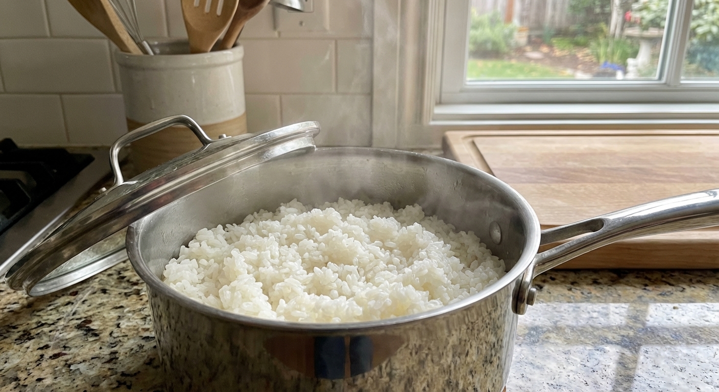 A stainless steel pot of freshly cooked plain white rice cooling on a kitchen counter