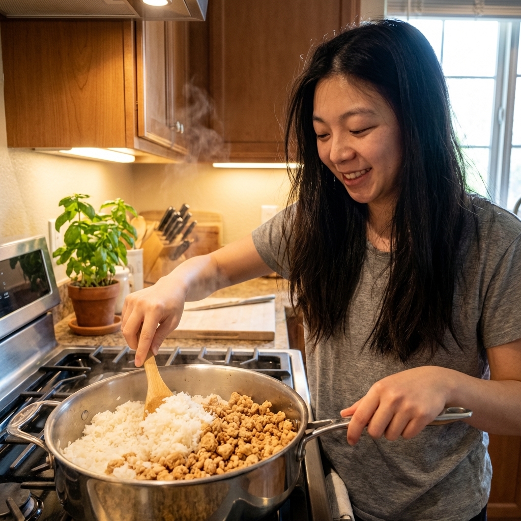 A stainless steel pot on a stove with cooked white rice and plain cooked ground novel protein being stirred with a wooden spoon, warm kitchen lighting, photorealistic