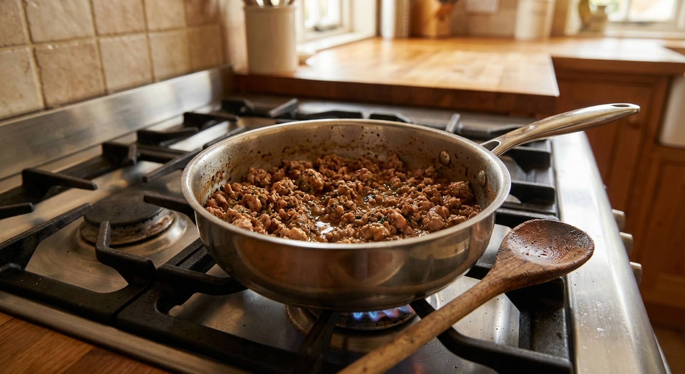 A stainless steel saucepan on a stove with freshly cooked ground rabbit meat and a wooden spoon resting beside it, realistic kitchen photography