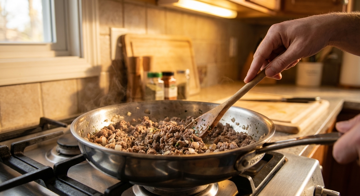 A stainless steel skillet with freshly cooked ground rabbit meat being stirred with a wooden spoon on a stovetop, warm kitchen lighting, photorealistic