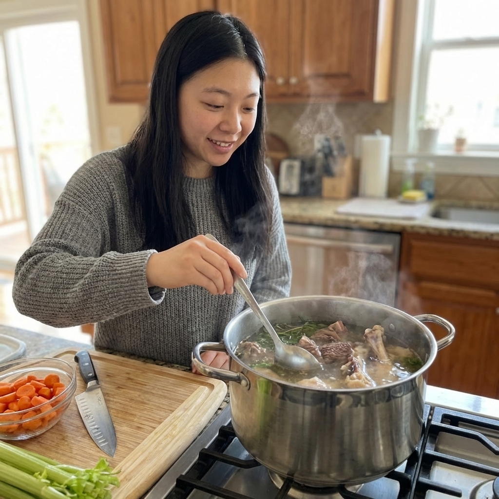 A stainless steel stockpot on a stovetop with bones and water gently simmering, steam rising, home kitchen setting, photorealistic food photography
