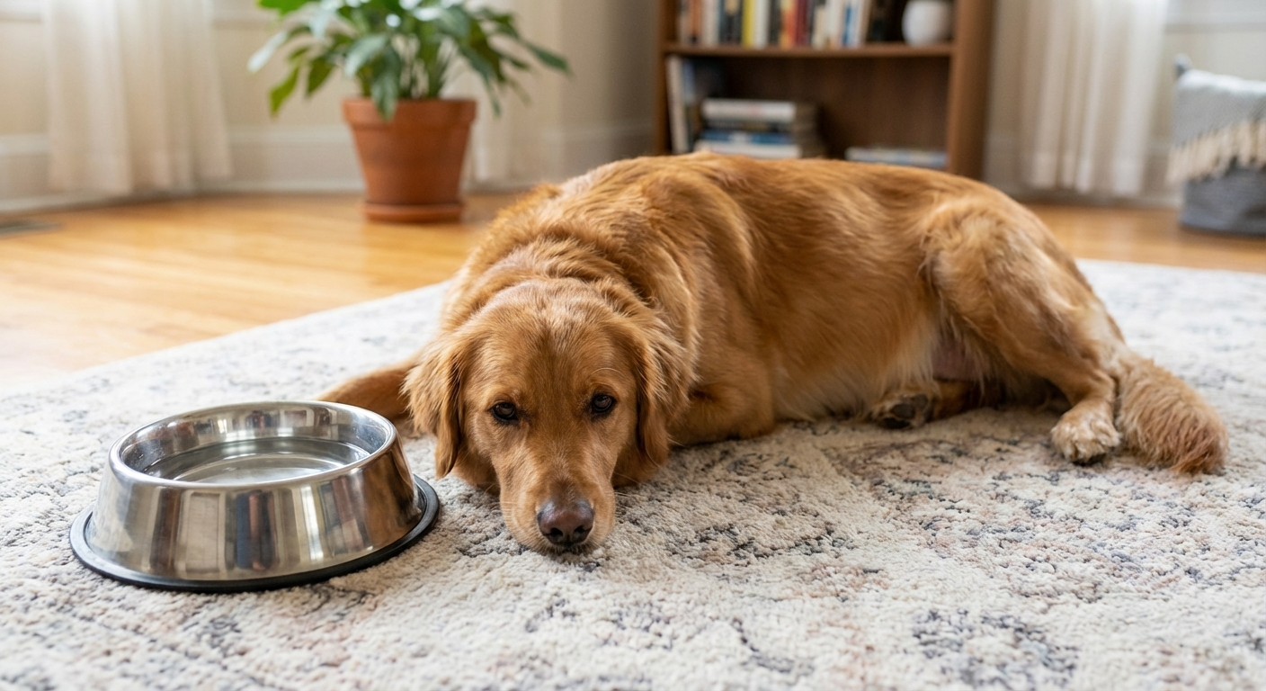 A stainless steel water bowl next to a resting pregnant dog indoors