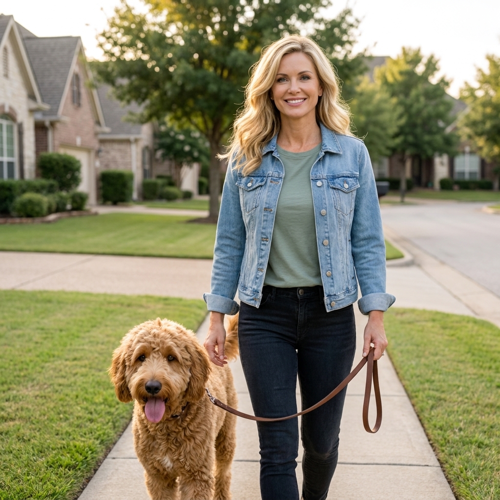 A standard-size Labradoodle walking on a leash beside an adult on a quiet suburban sidewalk, real-photo style
